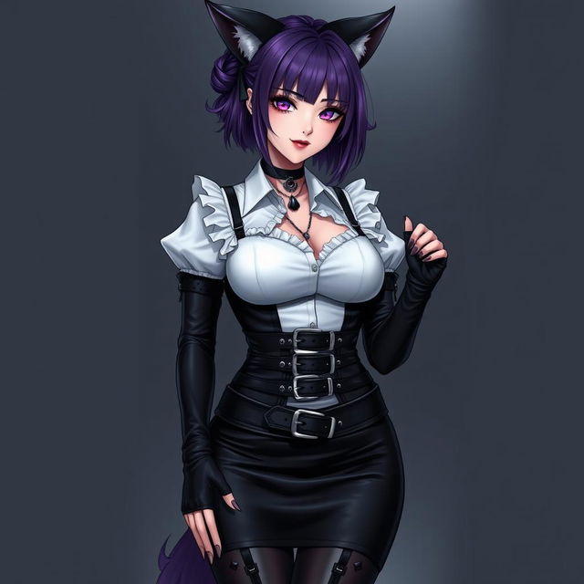 A sexy gothic semi-realistic anime kitsune girl maid with shoulder-length purple hair styled in a bun and captivating gothic makeup