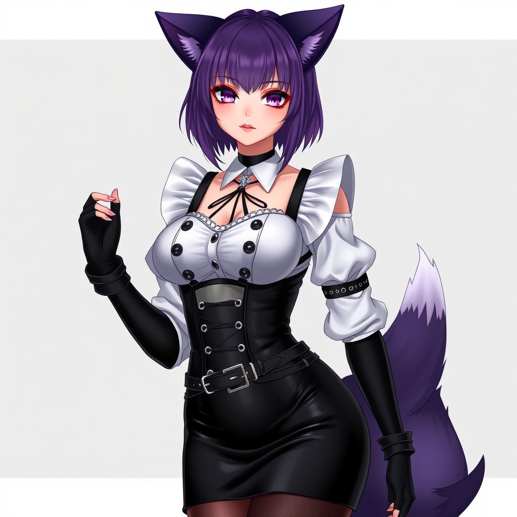 A sexy gothic semi-realistic anime kitsune girl maid with shoulder-length purple hair styled in a bun and captivating gothic makeup