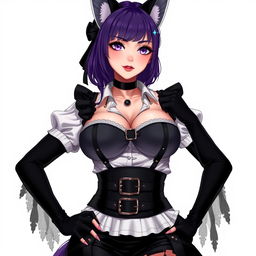 A sexy gothic semi-realistic anime kitsune girl maid with shoulder-length purple hair styled in a bun and captivating gothic makeup
