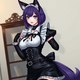 A sexy gothic semi-realistic anime kitsune girl maid with shoulder-length purple hair styled in a bun and captivating gothic makeup