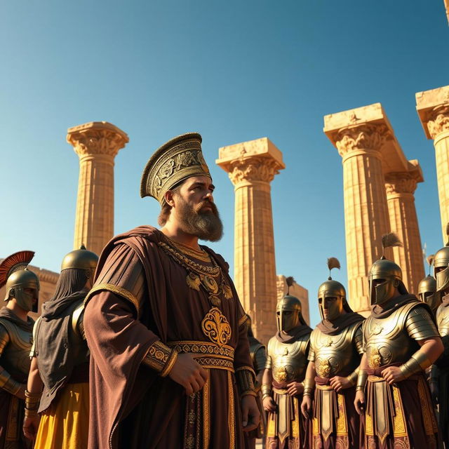 A dramatic scene of Cyrus the Great at Persepolis, confidently instructing several ancient Achaemenid soldiers