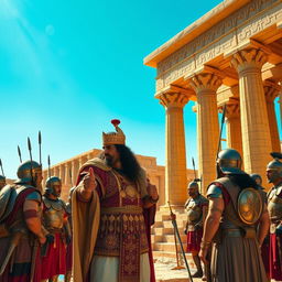 A dramatic scene of Cyrus the Great at Persepolis, confidently instructing several ancient Achaemenid soldiers