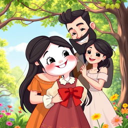 A charming cartoon scene featuring a snow-white girl with bright, expressive features and a cheerful smile