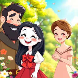 A charming cartoon scene featuring a snow-white girl with bright, expressive features and a cheerful smile