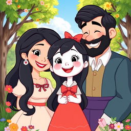 A charming cartoon scene featuring a snow-white girl with bright, expressive features and a cheerful smile