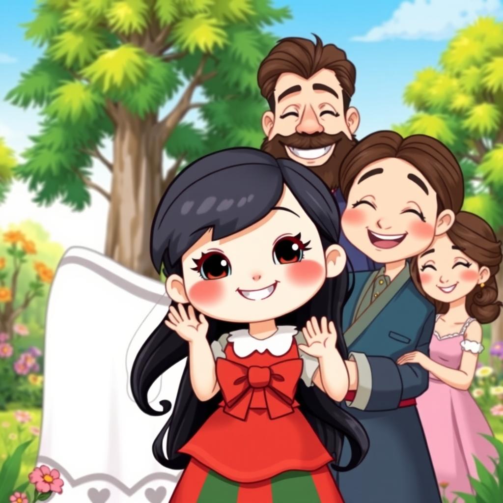 A charming cartoon scene featuring a snow-white girl with bright, expressive features and a cheerful smile