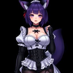 A sexy gothic semi-realistic anime kitsune girl maid with shoulder-length purple hair styled in a bun, featuring captivating gothic makeup