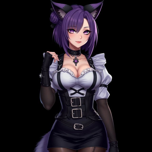 A sexy gothic semi-realistic anime kitsune girl maid with shoulder-length purple hair styled in a bun, featuring captivating gothic makeup