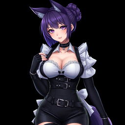A sexy gothic semi-realistic anime kitsune girl maid with shoulder-length purple hair styled in a bun, featuring captivating gothic makeup