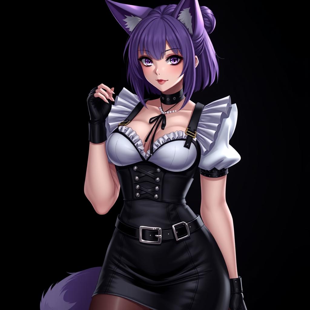 A sexy gothic semi-realistic anime kitsune girl maid with shoulder-length purple hair styled in a bun, featuring captivating gothic makeup