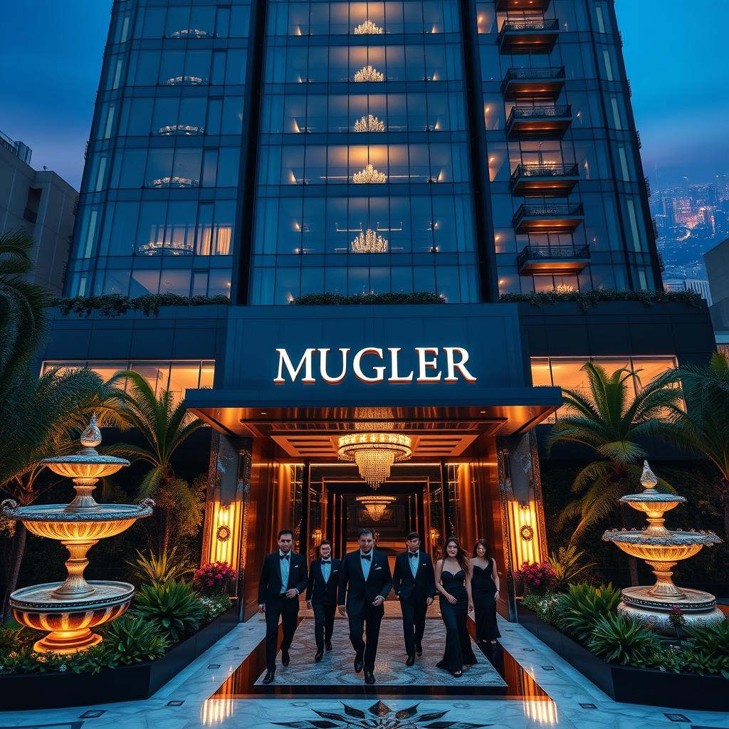 A stunning and luxurious hotel called MUGLER, showcasing modern architectural brilliance with elegant glass facades and stylish interiors
