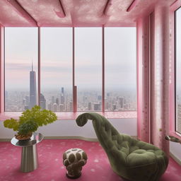 A skyscraper penthouse apartment with Baroque-styled wallpaper, expansive windows that exhibit a breathtaking city view above the clouds. The interior is modern, with a colour scheme of pink and green, polka dot elements, a fiddle leaf plant and framed artworks.