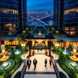 A stunning and luxurious hotel called MUGLER, showcasing modern architectural brilliance with elegant glass facades and stylish interiors
