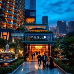 A stunning and luxurious hotel called MUGLER, showcasing modern architectural brilliance with elegant glass facades and stylish interiors