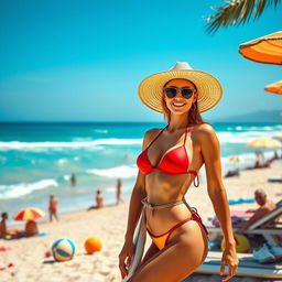 A vibrant and colorful beach scene featuring a fashionable woman in a stylish bikini