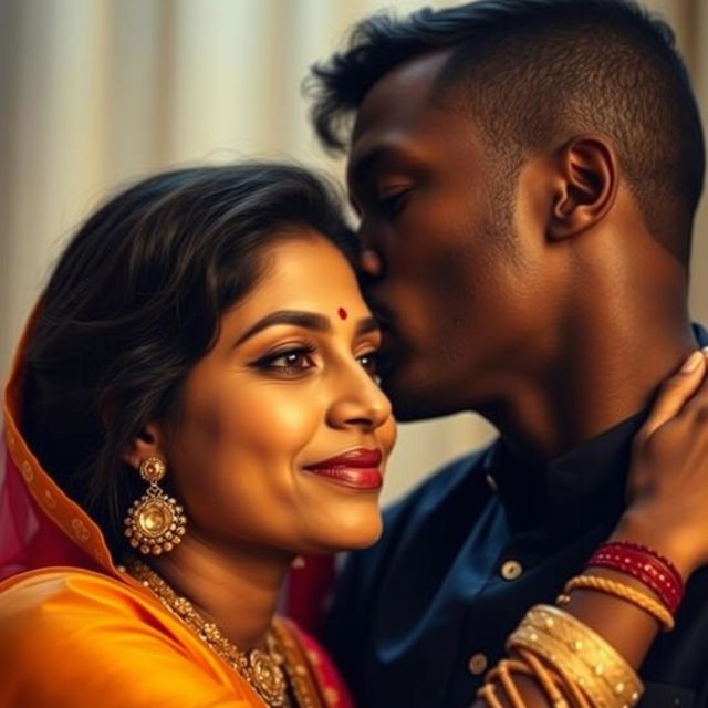 A captivating image of a black male passionately kissing the neck of a beautiful Indian bhabhi