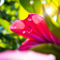A close-up, artistic representation of a wet flower petal glistening with droplets of water in a vibrant natural setting
