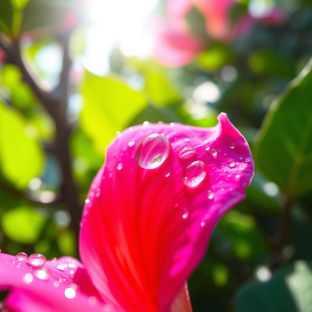 A close-up, artistic representation of a wet flower petal glistening with droplets of water in a vibrant natural setting