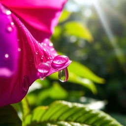 A close-up, artistic representation of a wet flower petal glistening with droplets of water in a vibrant natural setting