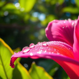 A close-up, artistic representation of a wet flower petal glistening with droplets of water in a vibrant natural setting