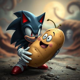 A surreal and humorous scene featuring Sonic