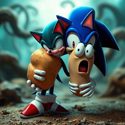 A surreal and humorous scene featuring Sonic