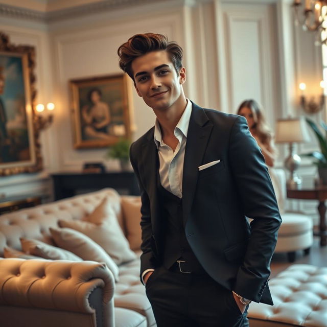 A stylish and confident young adult male, exuding charm and allure, dressed in a sharp tailored suit, standing in a lavishly decorated room filled with luxurious furnishings and tasteful art