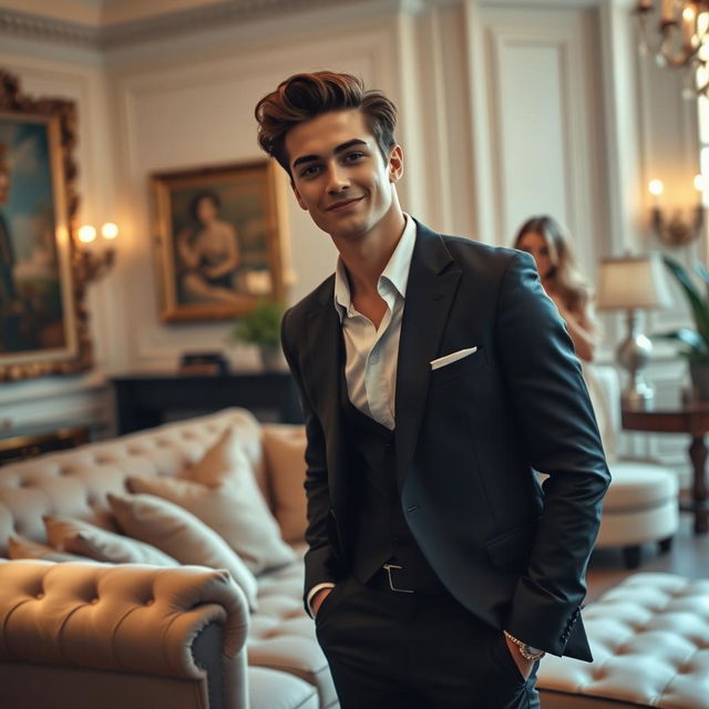 A stylish and confident young adult male, exuding charm and allure, dressed in a sharp tailored suit, standing in a lavishly decorated room filled with luxurious furnishings and tasteful art