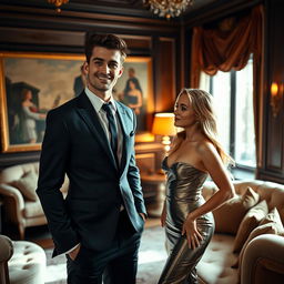 A stylish and confident young adult male, exuding charm and allure, dressed in a sharp tailored suit, standing in a lavishly decorated room filled with luxurious furnishings and tasteful art