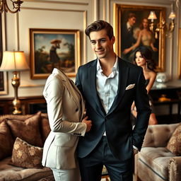 A stylish and confident young adult male, exuding charm and allure, dressed in a sharp tailored suit, standing in a lavishly decorated room filled with luxurious furnishings and tasteful art