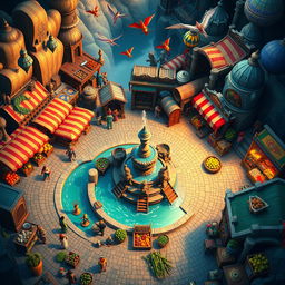 A vibrant, intricate fantasy map of a bustling market bazaar