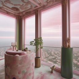 A skyscraper penthouse apartment with Baroque-styled wallpaper, expansive windows that exhibit a breathtaking city view above the clouds. The interior is modern, with a colour scheme of pink and green, polka dot elements, a fiddle leaf plant and framed artworks.