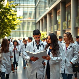 A modern medical school campus bustling with students in white coats, engaged in discussions and studying together