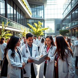 A modern medical school campus bustling with students in white coats, engaged in discussions and studying together