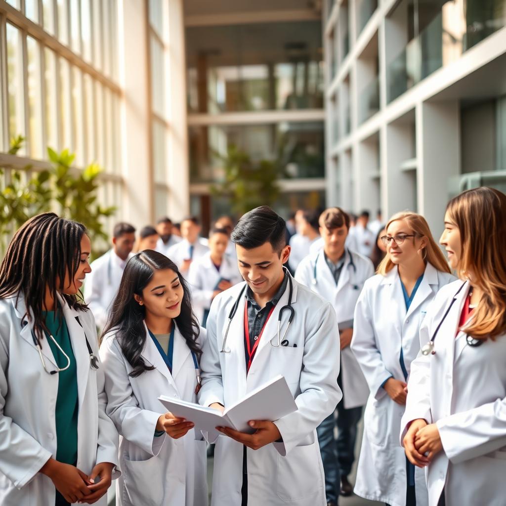 A modern medical school campus bustling with students in white coats, engaged in discussions and studying together