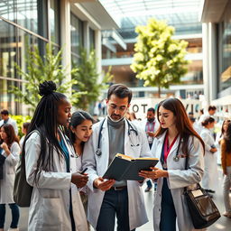 A modern medical school campus bustling with students in white coats, engaged in discussions and studying together