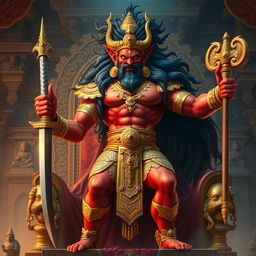 A powerful depiction of Hiranyakashipu, the ancient demon king from Hindu mythology, standing on a grand throne with a stern expression