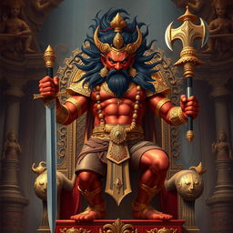 A powerful depiction of Hiranyakashipu, the ancient demon king from Hindu mythology, standing on a grand throne with a stern expression