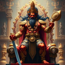 A powerful depiction of Hiranyakashipu, the ancient demon king from Hindu mythology, standing on a grand throne with a stern expression