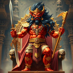 A powerful depiction of Hiranyakashipu, the ancient demon king from Hindu mythology, standing on a grand throne with a stern expression