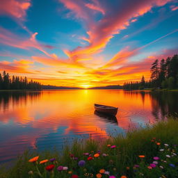 A picturesque sunset over a serene lake, surrounded by tall pine trees