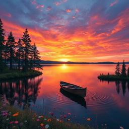A picturesque sunset over a serene lake, surrounded by tall pine trees