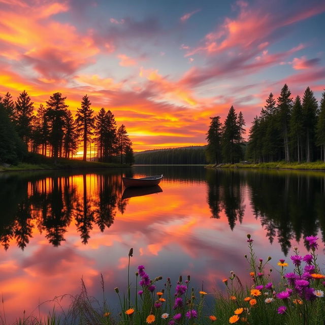 A picturesque sunset over a serene lake, surrounded by tall pine trees