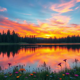 A picturesque sunset over a serene lake, surrounded by tall pine trees