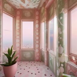 A skyscraper penthouse apartment with Baroque-styled wallpaper, expansive windows that exhibit a breathtaking city view above the clouds. The interior is modern, with a colour scheme of pink and green, polka dot elements, a fiddle leaf plant and framed artworks.