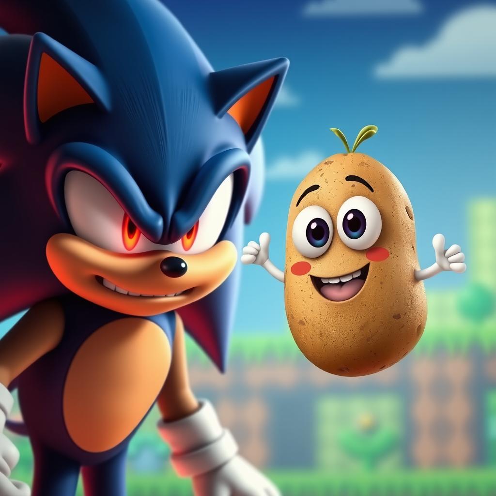 A humorous scene featuring a character resembling Sonic the Hedgehog, styled as Sonic