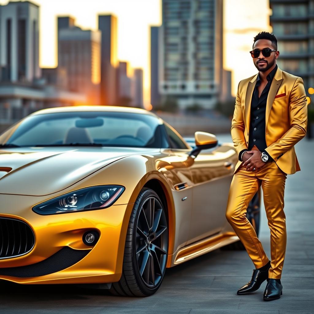 A luxurious scene featuring a golden Maserati parked in an upscale urban setting