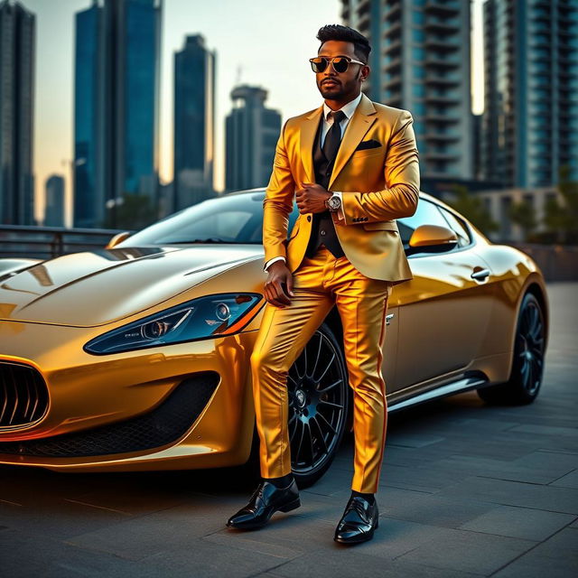 A luxurious scene featuring a golden Maserati parked in an upscale urban setting