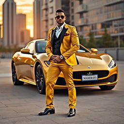A luxurious scene featuring a golden Maserati parked in an upscale urban setting