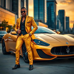 A luxurious scene featuring a golden Maserati parked in an upscale urban setting